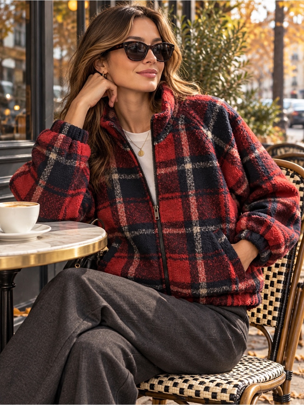 American Eagle Red Plaid Fuzzy Textured Zip Bomber Jacket XL